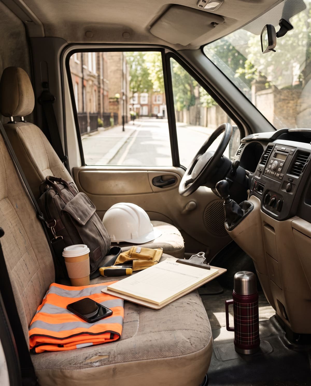 The passenger seat of a contractor's van on a London street: a hard hat, a hi-vis vest, a clipboard with an invoice pad, a work bag and a coffee