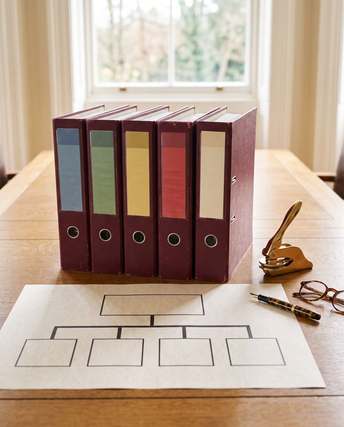 Five company binders with coloured tabs beside a group structure chart, a company seal and a fountain pen