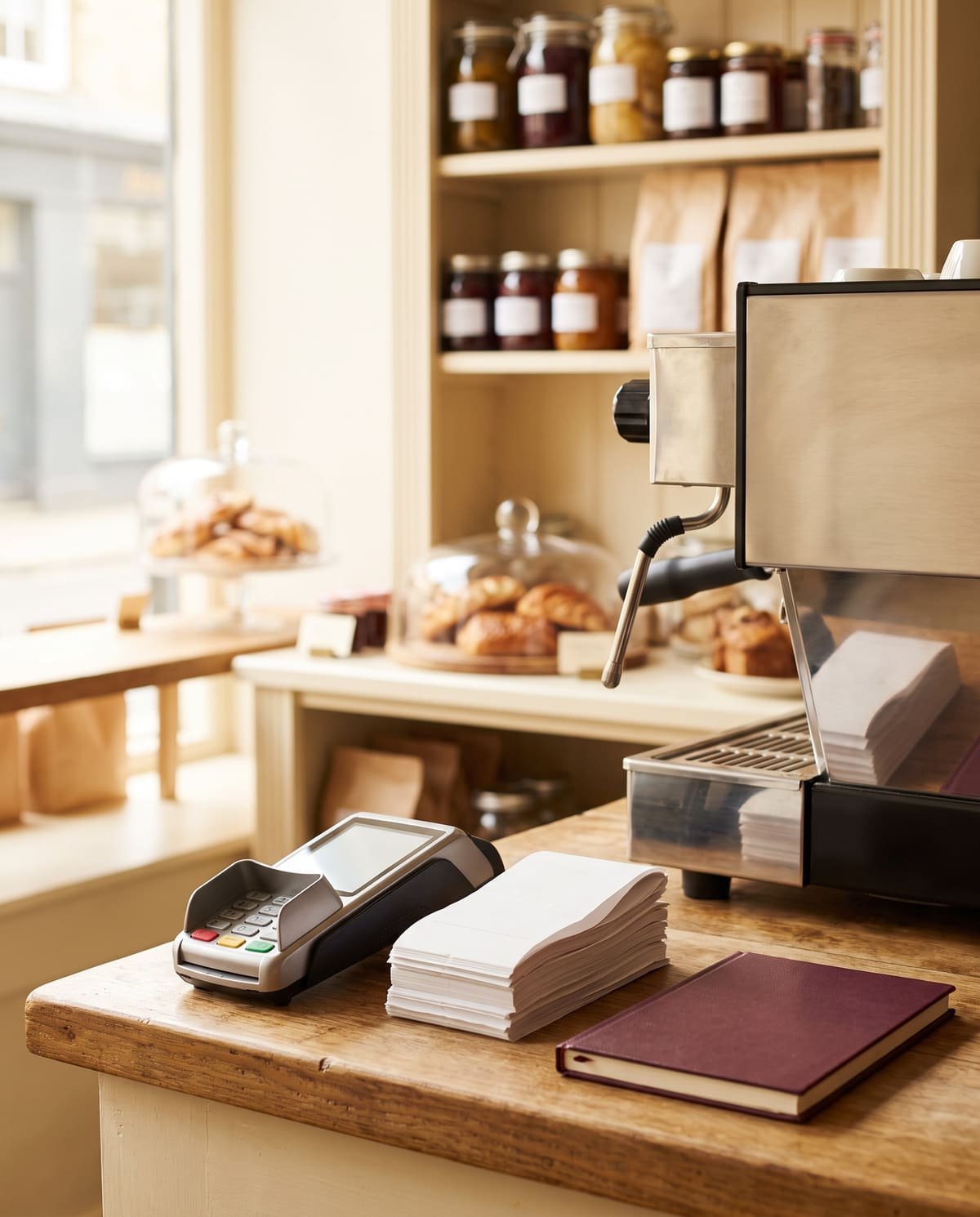 The counter of an independent café: a card terminal, a stack of receipts and a burgundy ledger beside the espresso machine