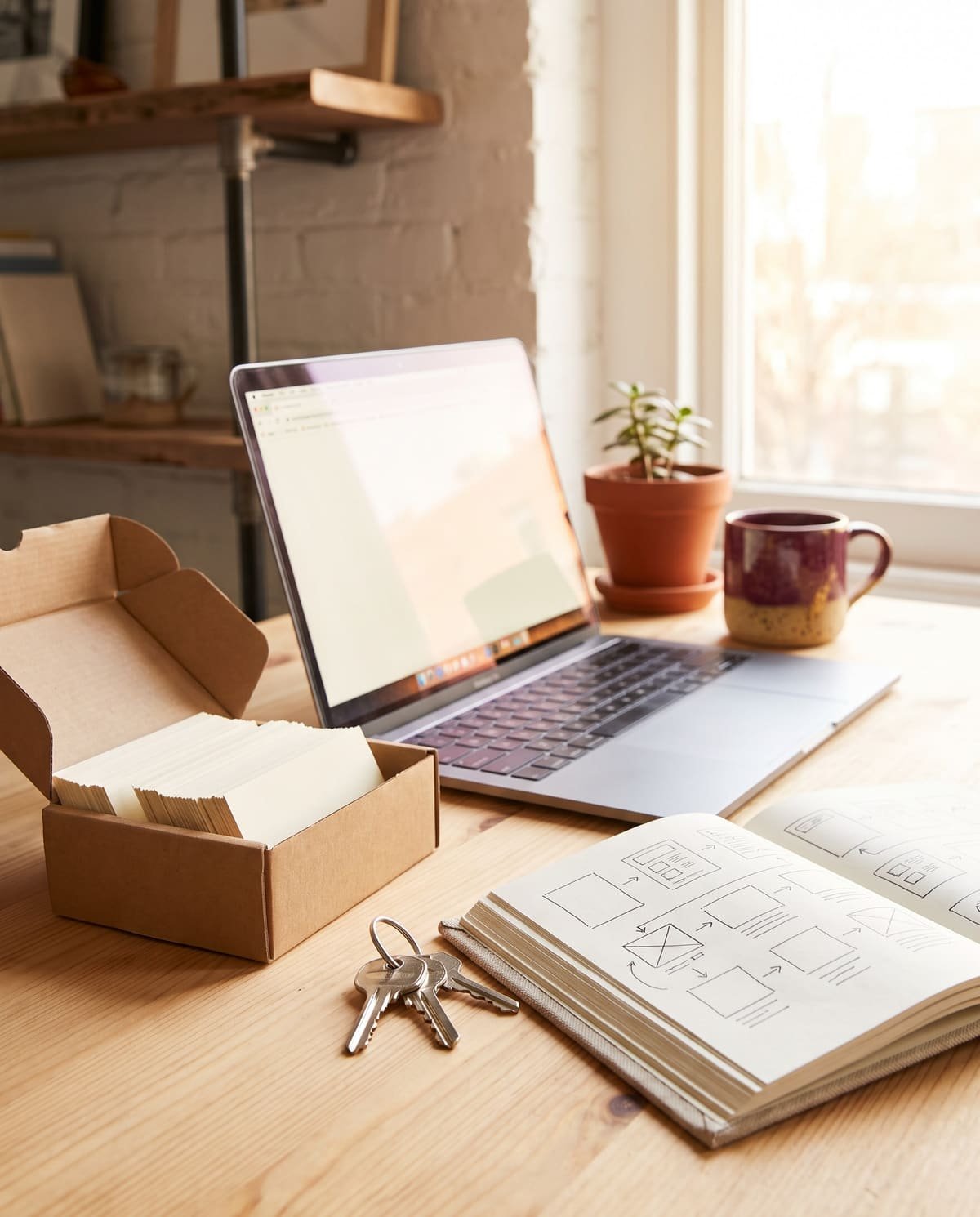 A founder's desk on day one in a sunlit studio: a laptop, a box of new business cards, a set of keys and a notebook with a hand-drawn launch plan
